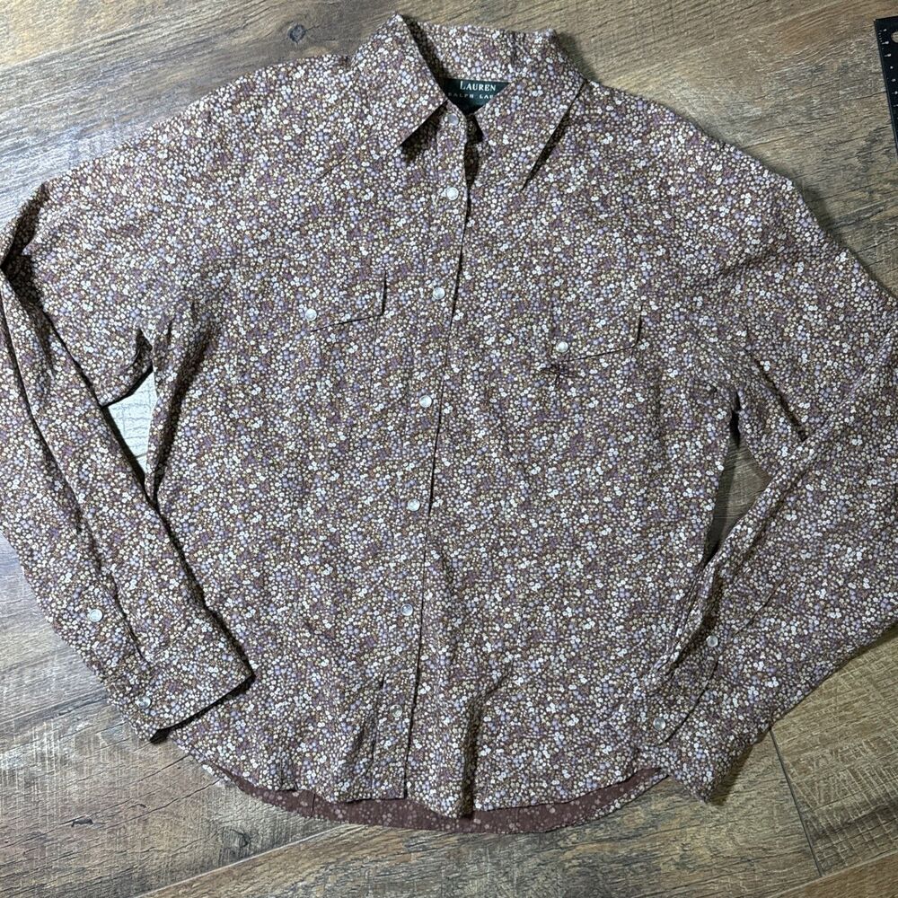 Ralph Lauren Floral Brown Snap Western Cowgirl Shirt Long Sleeve Womens S Preppy